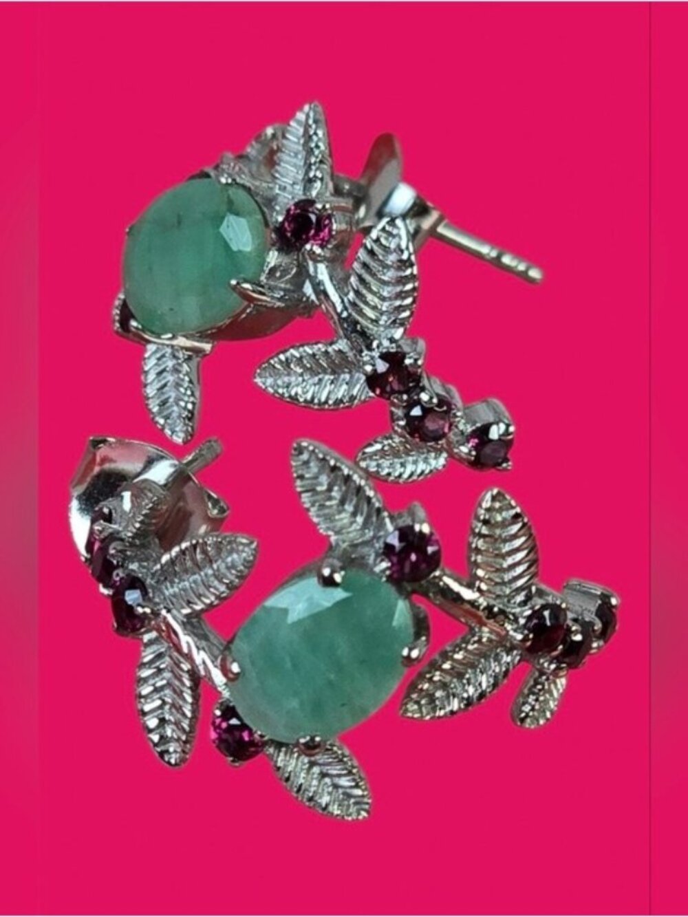 925 Sterling Silver Earrings with Natural Emerald & Rhodolite Garnet